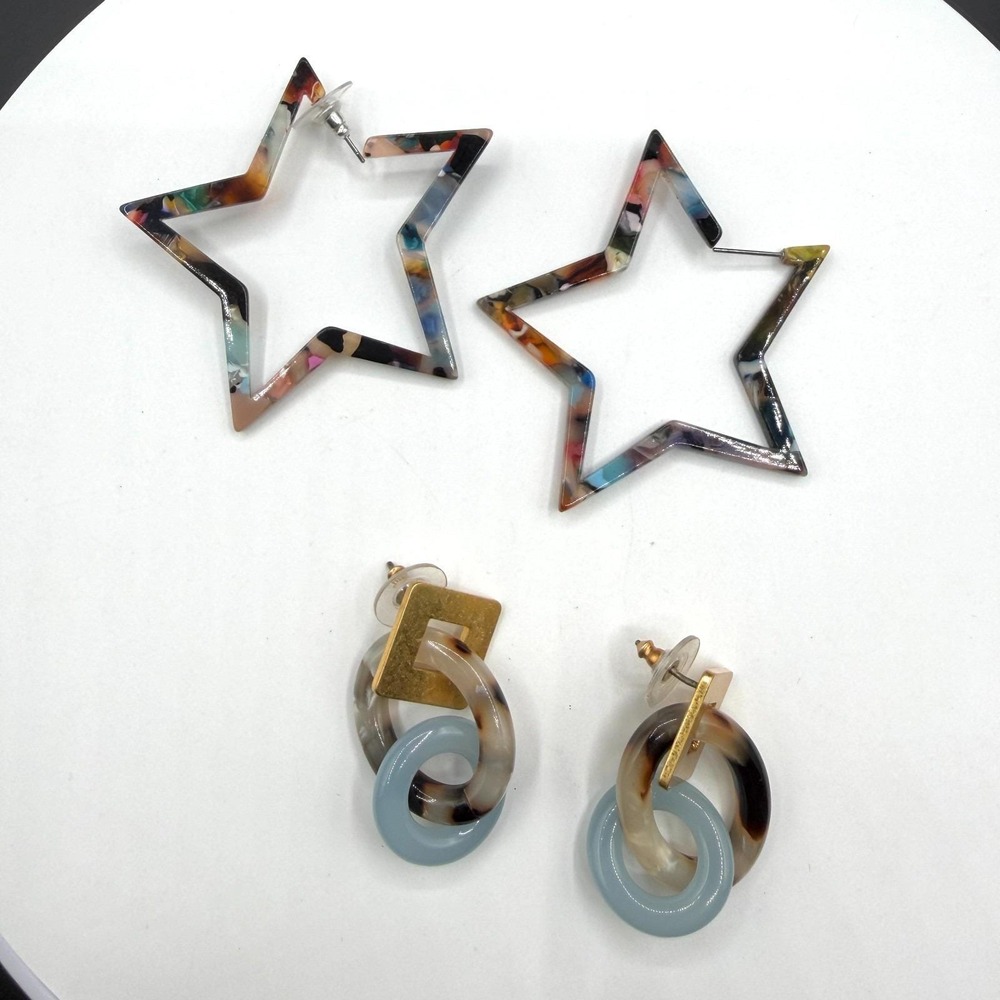 2 Pair Statement Earrings Set Star Hoops Resin Link Dangles Multicolor Blue Gift